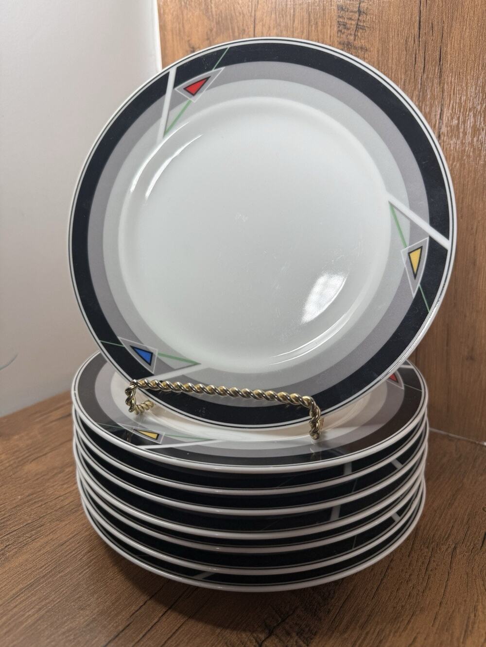 Set 8 International Japan Rockets Salad Plate Grey & Geometrical Triangles 90s